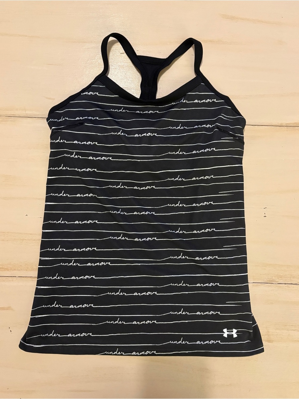 Under Armour Black Racerback Tank with White Script Stripes